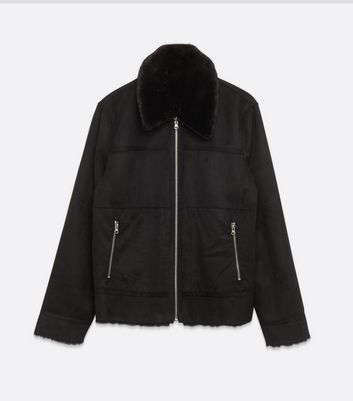 Image of Black Faux Shearling Zip Jacket New Look