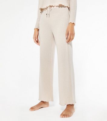 Cream Waffle Jersey Frill Trim Lounge Trousers New Look