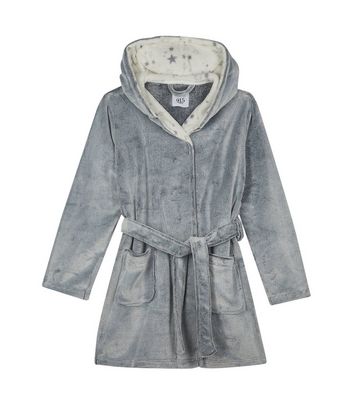 Grey fleece hooded dressing gown Clearance