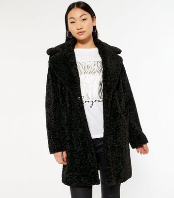 Petite Black Teddy Faux Fur Long Coat New Look