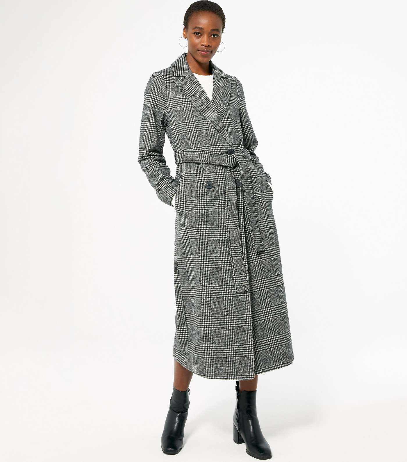 Tall Black Check Belted Long Coat