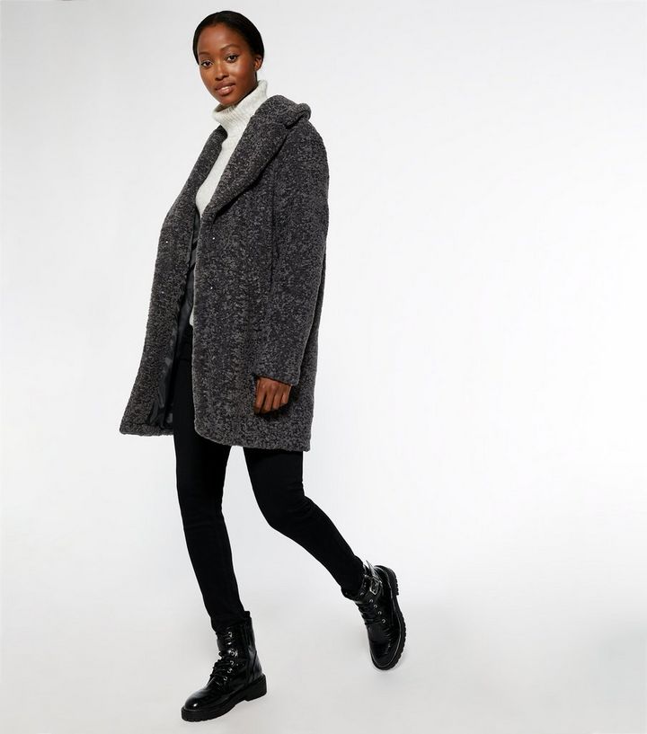 Tall Dark Grey Teddy Faux Fur Long Coat, Black Teddy Faux Fur Long Coat New Look