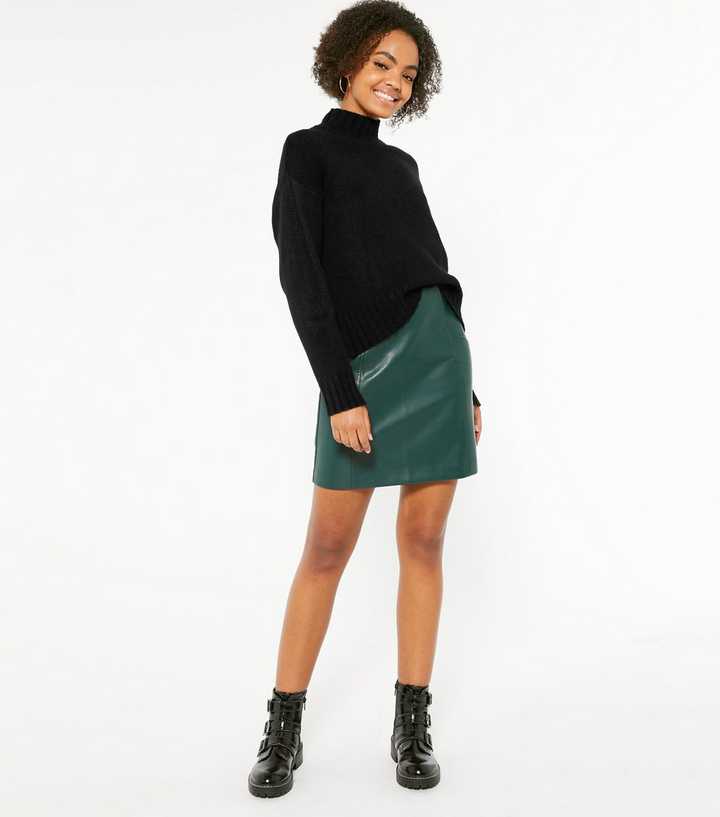 Dark Green Leather-Look Mini Skirt