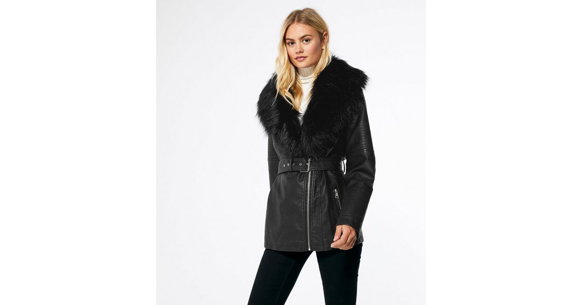 Faux Fur Collar Belted Jacket, Leather Belted Fur Trim Coat