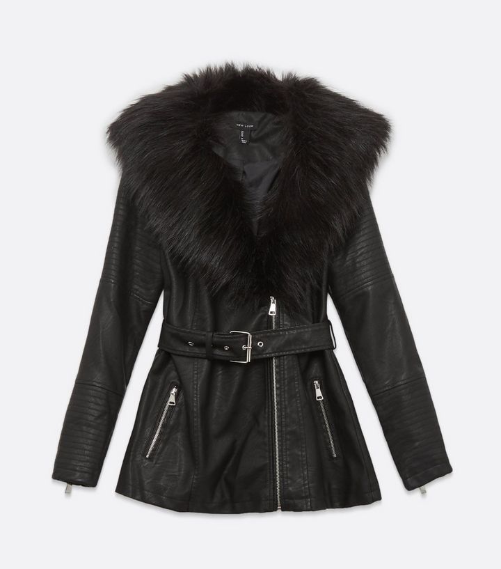 Faux Fur Collar Belted Jacket, Leather Belted Fur Trim Coat