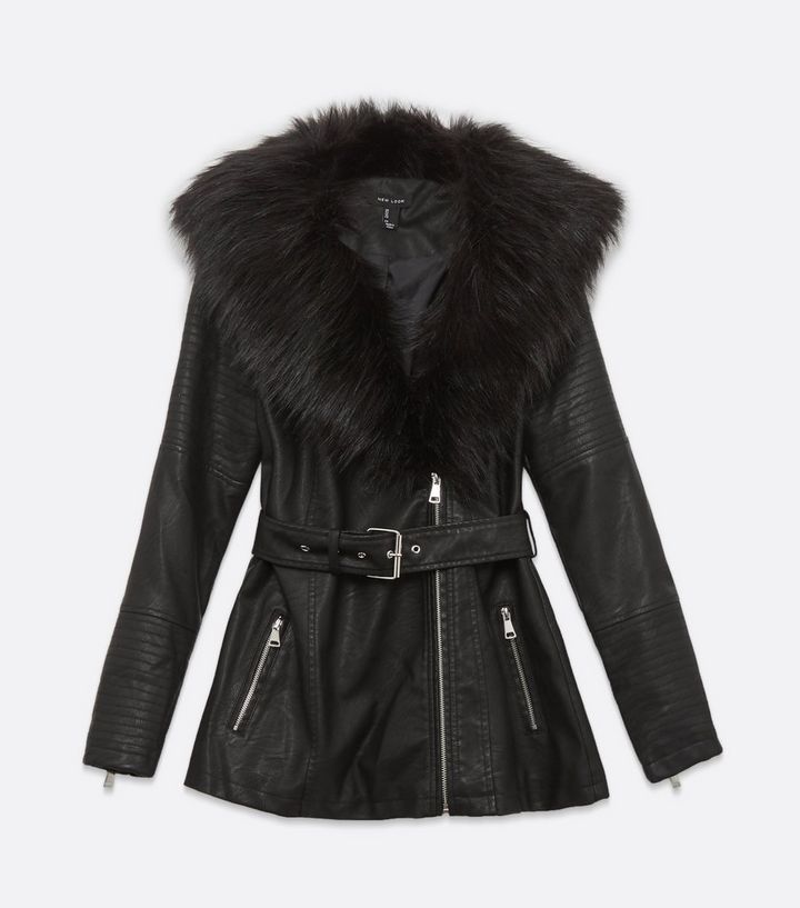 Black Leather Look Faux Fur Collar Belted Jacket New Faux Fur Collar Belted Jacket, Leather Belted Fur Trim Coat