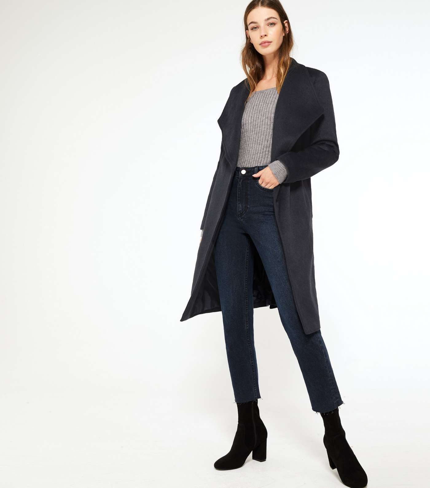 Navy Belted Long Collared Coat 