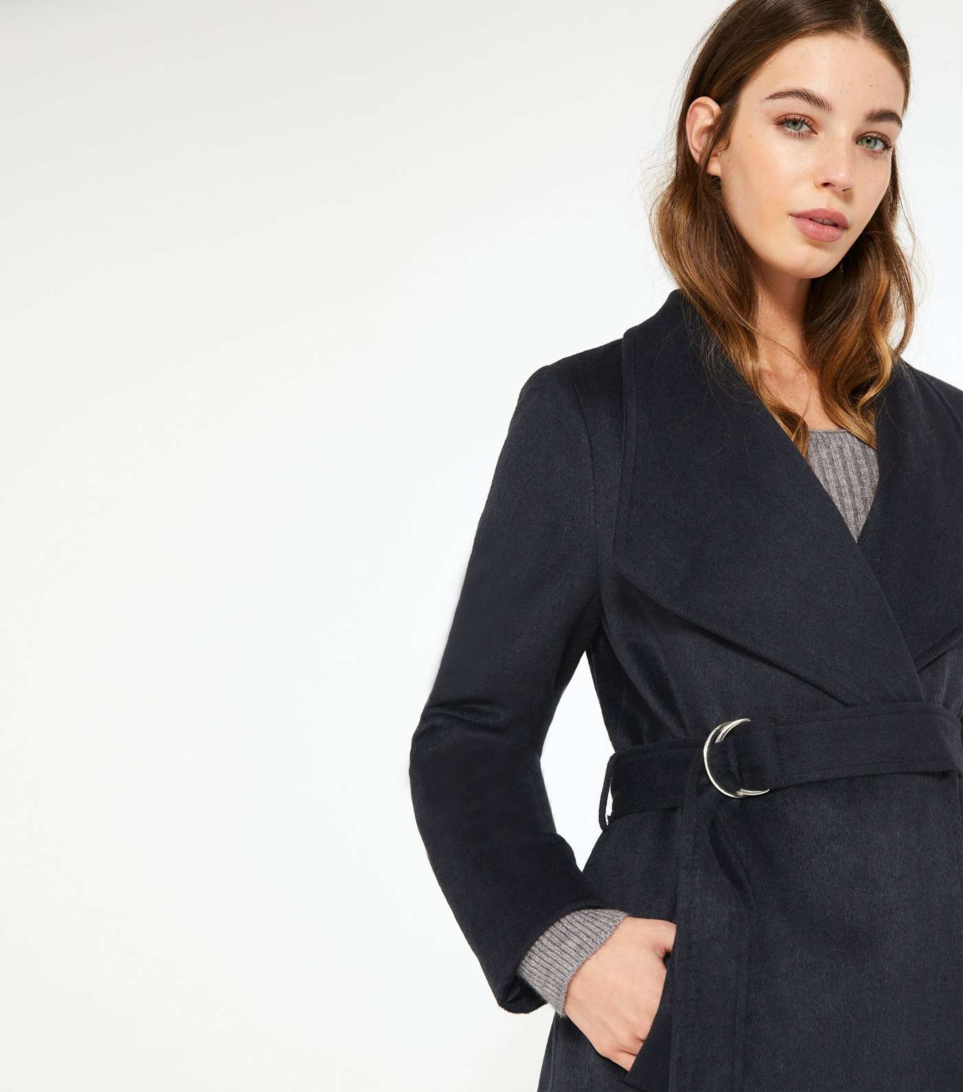 Navy Belted Long Collared Coat  Image 3