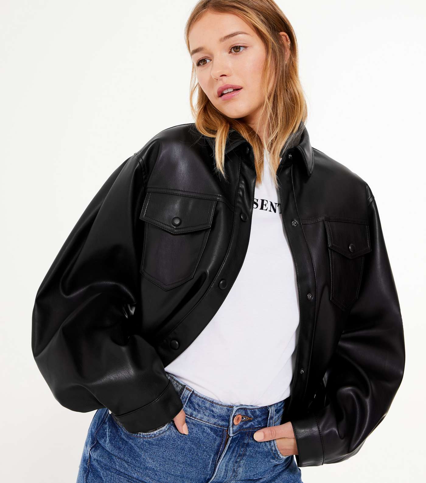 Black Leather-Look Cropped Shacket