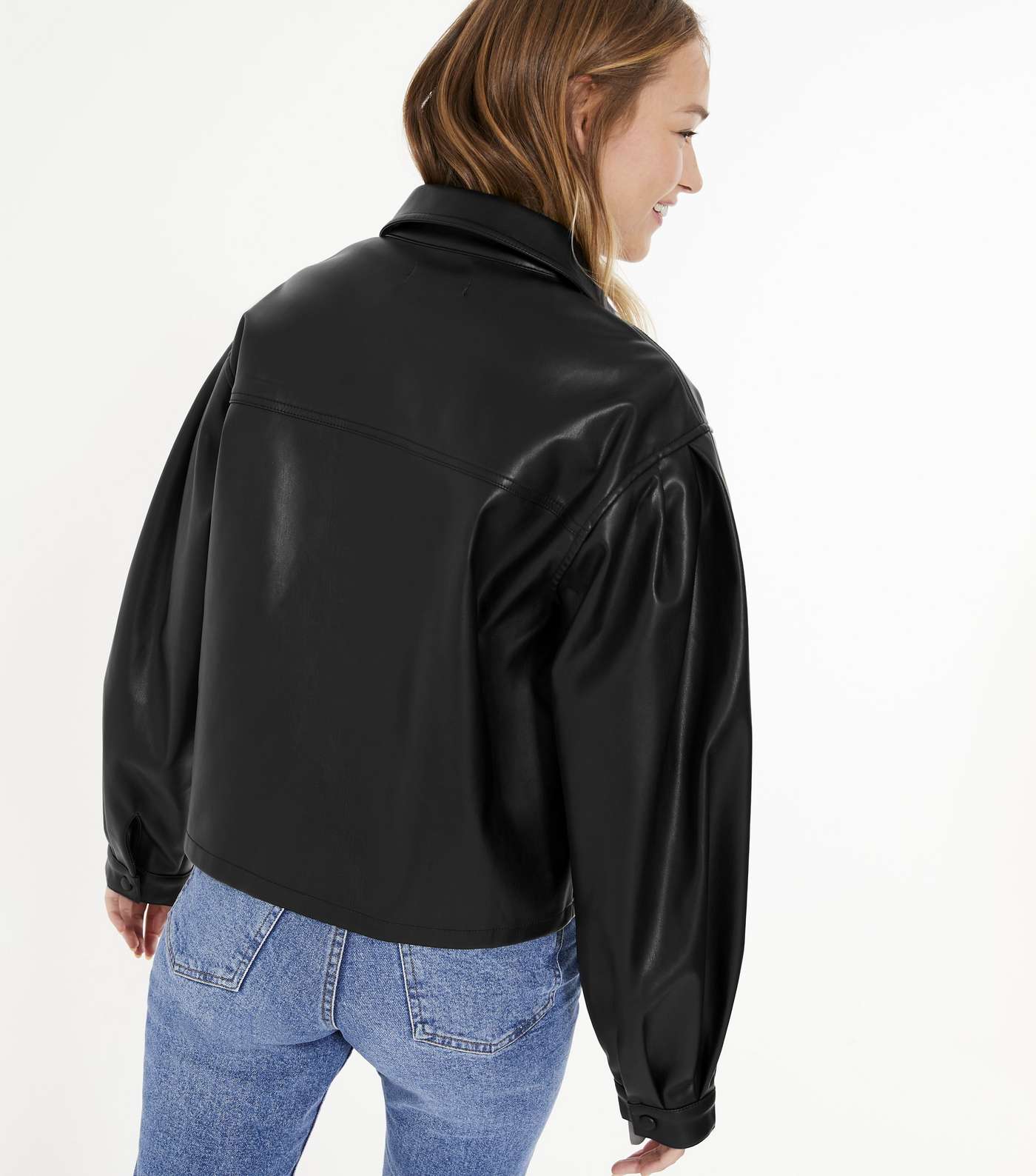 Black Leather-Look Cropped Shacket Image 3