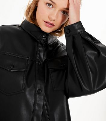 Black Leather-Look Cropped Shacket 