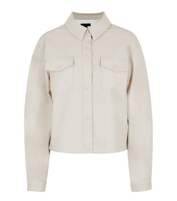 Off White Leather-Look Cropped Shacket 