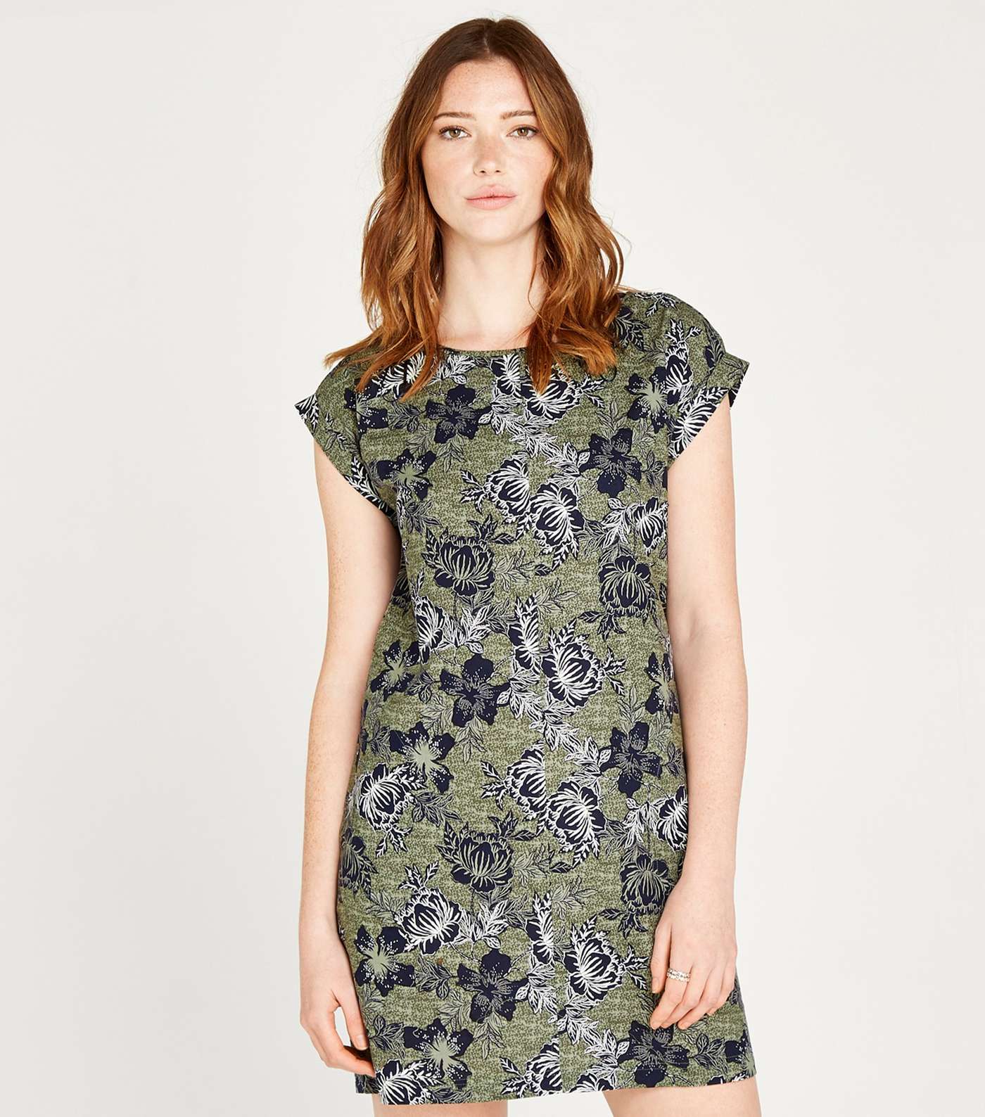 Apricot Olive Floral Cap Roll Sleeve Dress Image 2