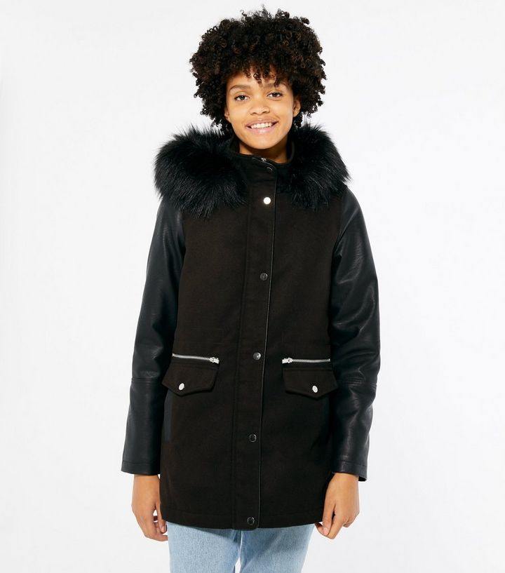 Black Leather Look Sleeve Faux Fur Hood Parka Coat New Sleeve Faux Fur Hood Parka Coat, Fake Fur Coats With Leather Sleeves