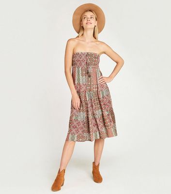 Image of Apricot Green Geometric Tile Print Midi Skirt Dress New Look