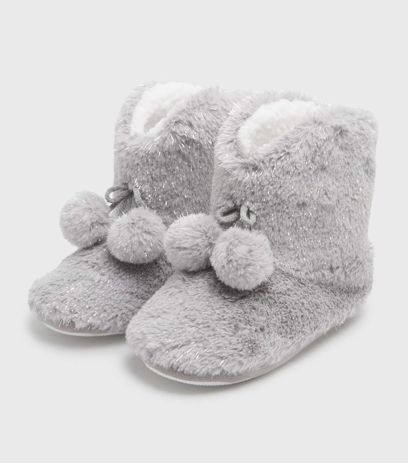 Grey Faux Fur Pom Pom Boot Slippers Image 2