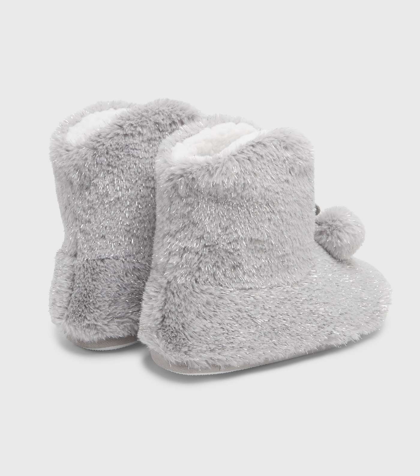 Grey Faux Fur Pom Pom Boot Slippers Image 4