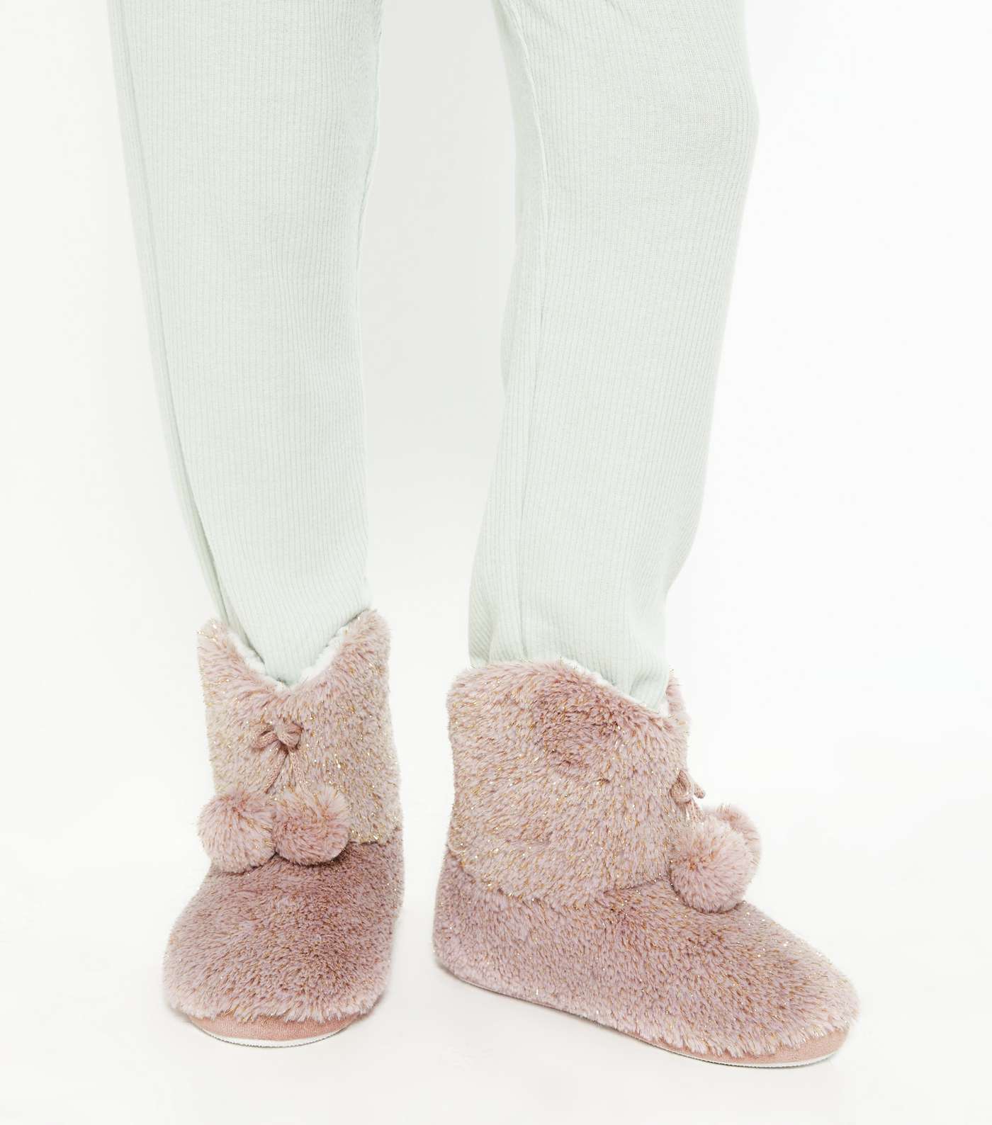 Pink Faux Fur Pom Pom Boot Slippers