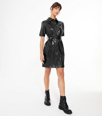 black leather look shirt dress