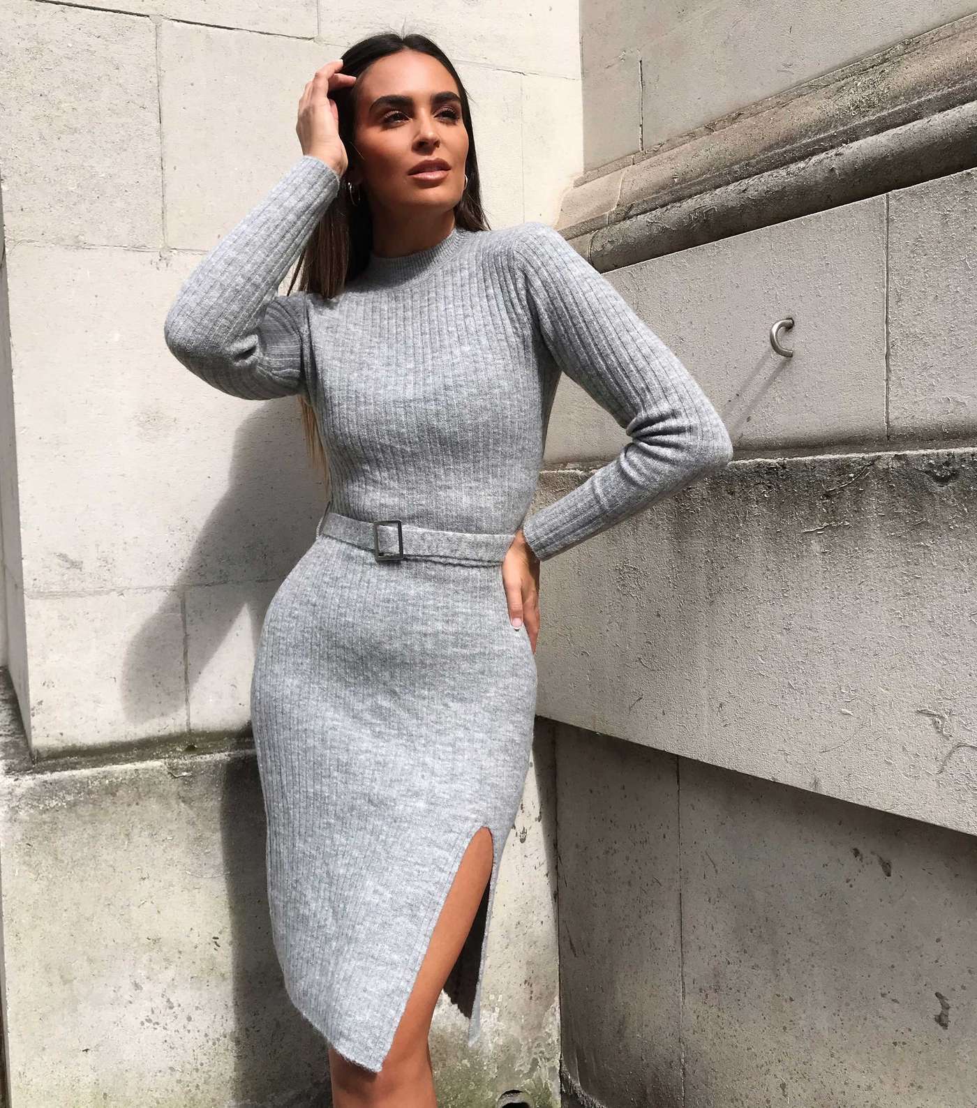 Urban Bliss Grey Ribbed Belted Thigh Split Dress Image 2
