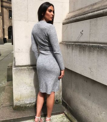 Image of Urban Bliss Grey Ribbed Belted Thigh Split Dress New Look