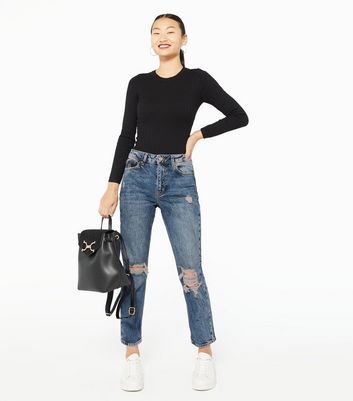 Petite Blue Ripped High Waist Tori Mom 