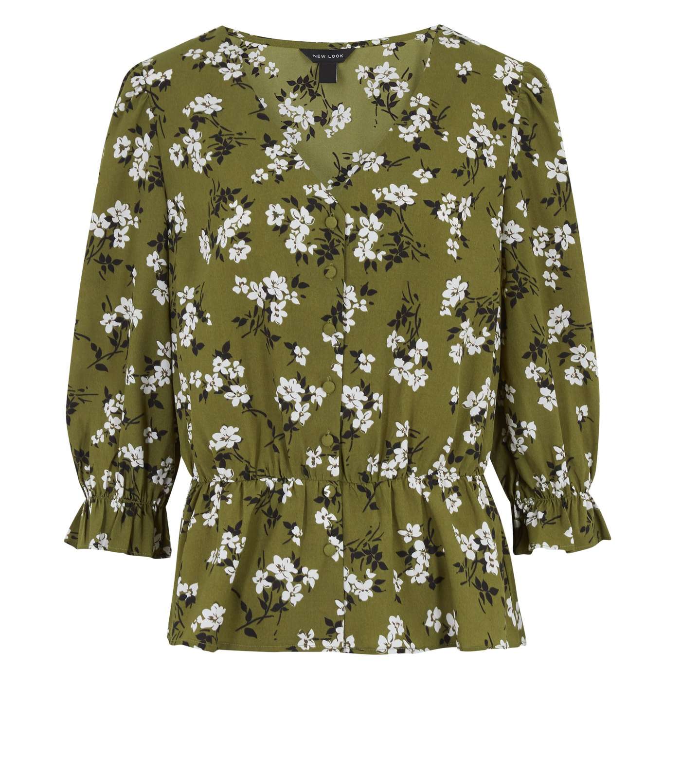 Olive Floral Button Up Peplum Blouse