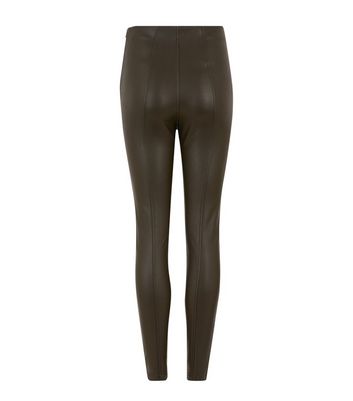 Khaki Seamed Leather-Look Leggings 
