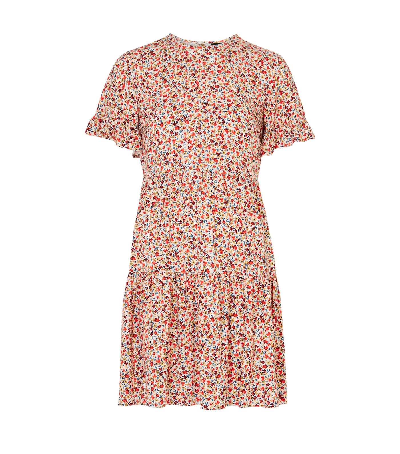 Red Ditsy Floral Frill Sleeve Smock Dress