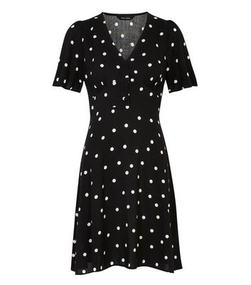 Black Spot Button Front Tea Dress New Look