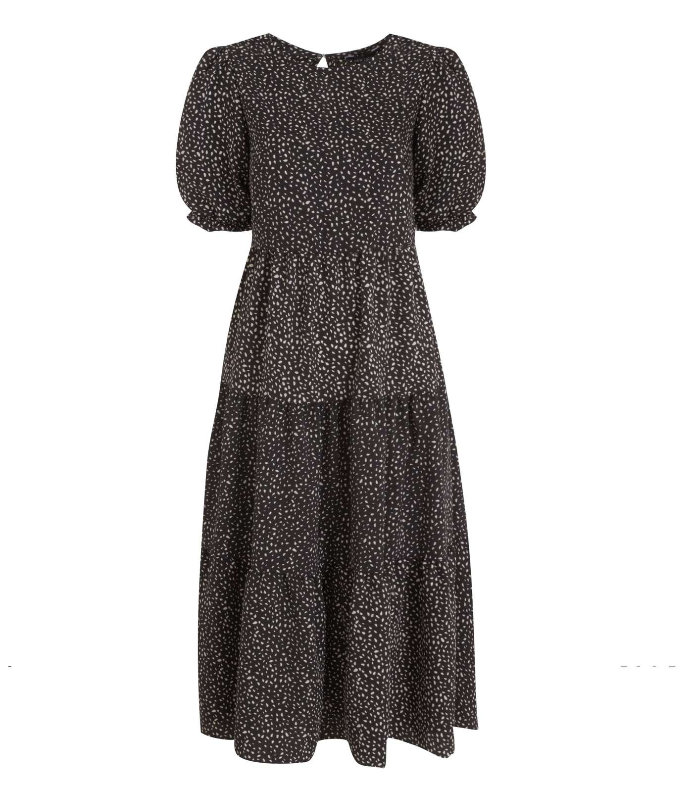 Black Abstract Spot Puff Sleeve Tiered Midi Dress 