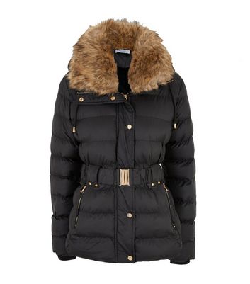 blue vanilla black faux fur belted puffer jacket