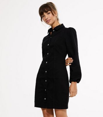 Image of Black Puff Sleeve Denim Bodycon Dress New Look