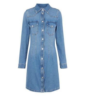 Image of Blue Denim Bodycon Shirt Dress New Look
