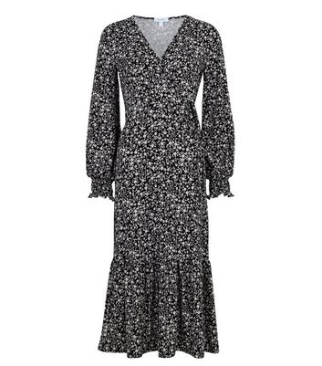 Image of Blue Vanilla Black Floral Shirred Cuff Wrap Dress New Look