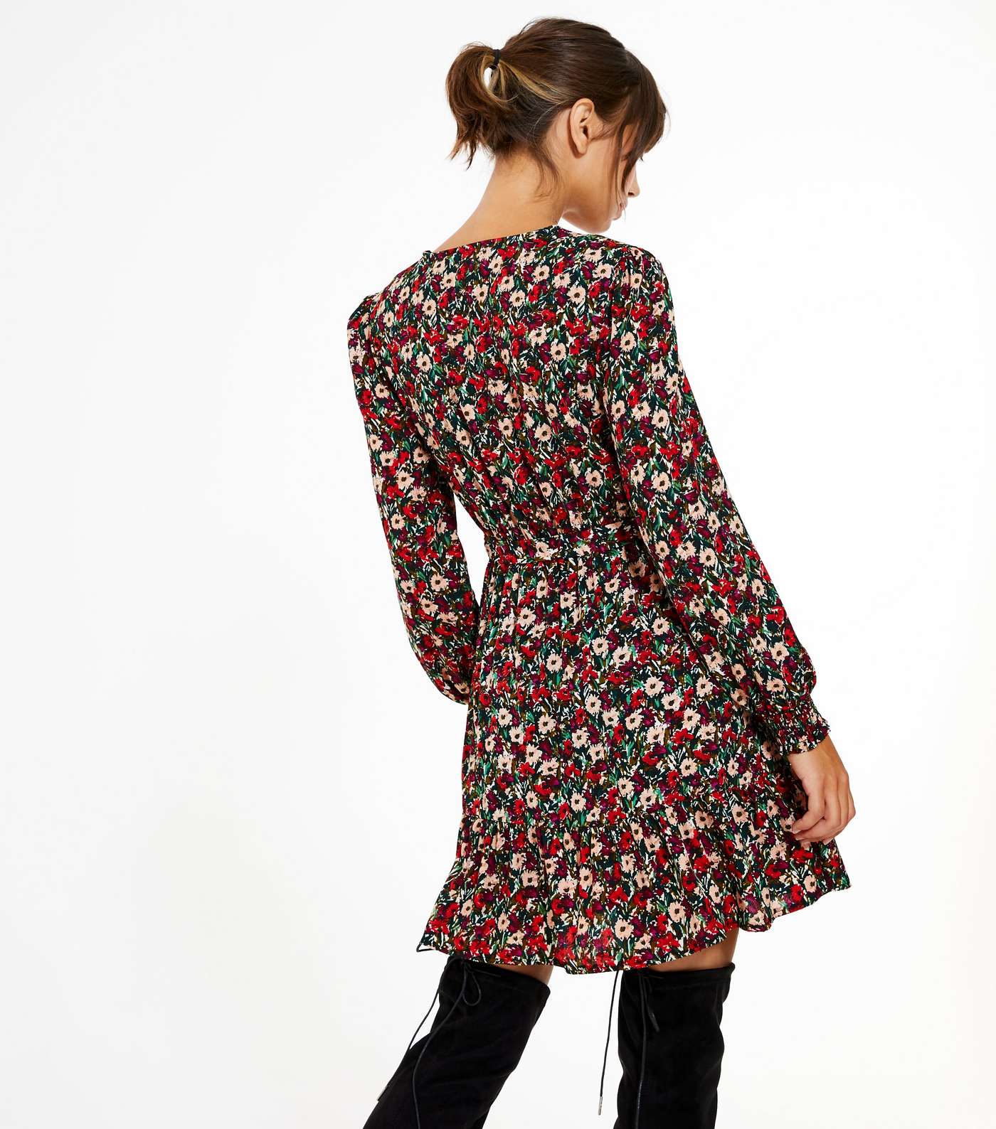Red Floral Puff Sleeve Belted Tea Dress Image 3