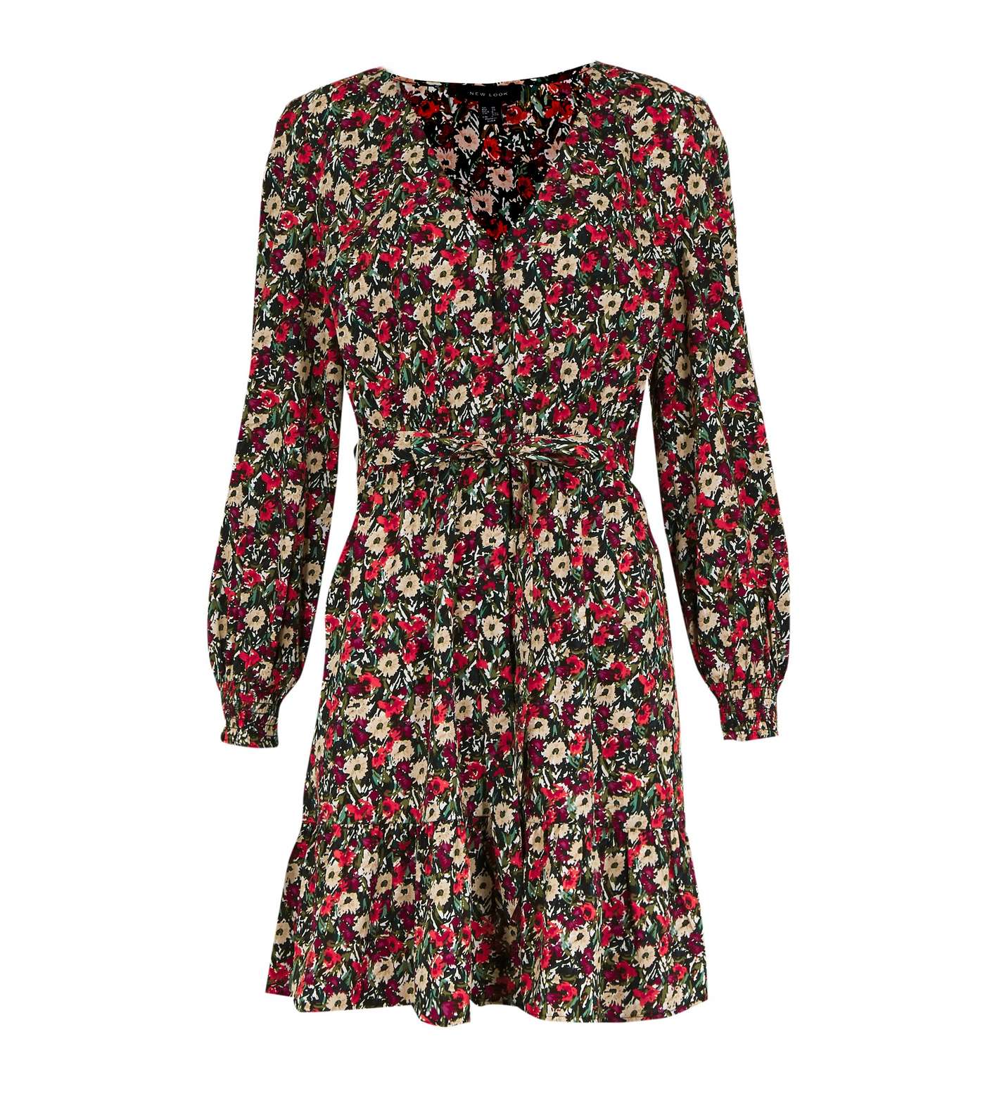 Red Floral Puff Sleeve Belted Tea Dress Image 5