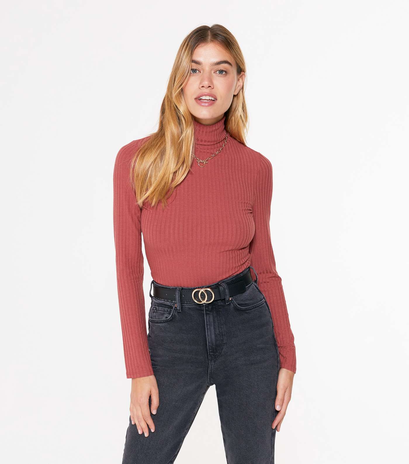 Rust Ribbed Roll Neck Top Image 2