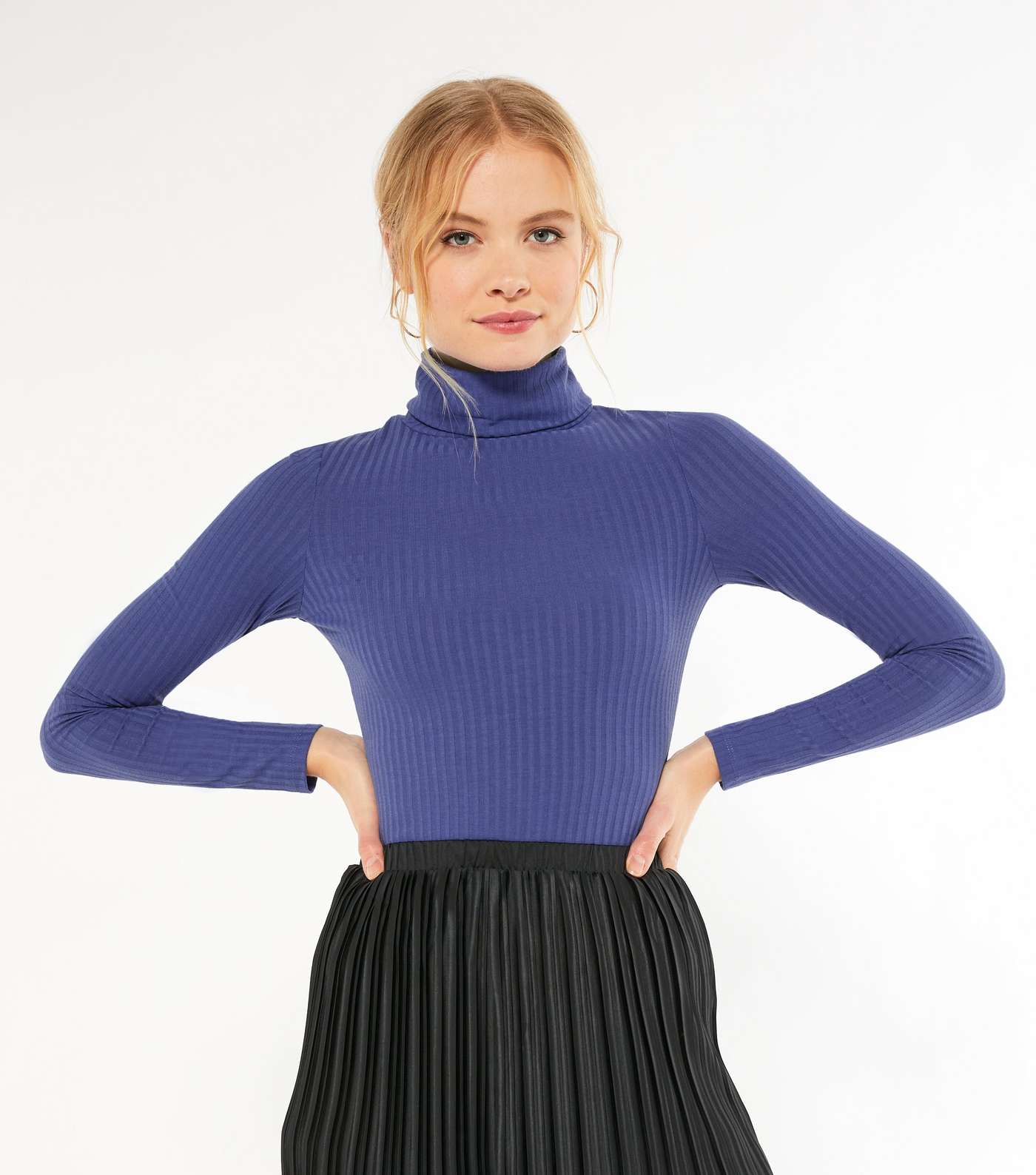 Blue Ribbed Roll Neck Top