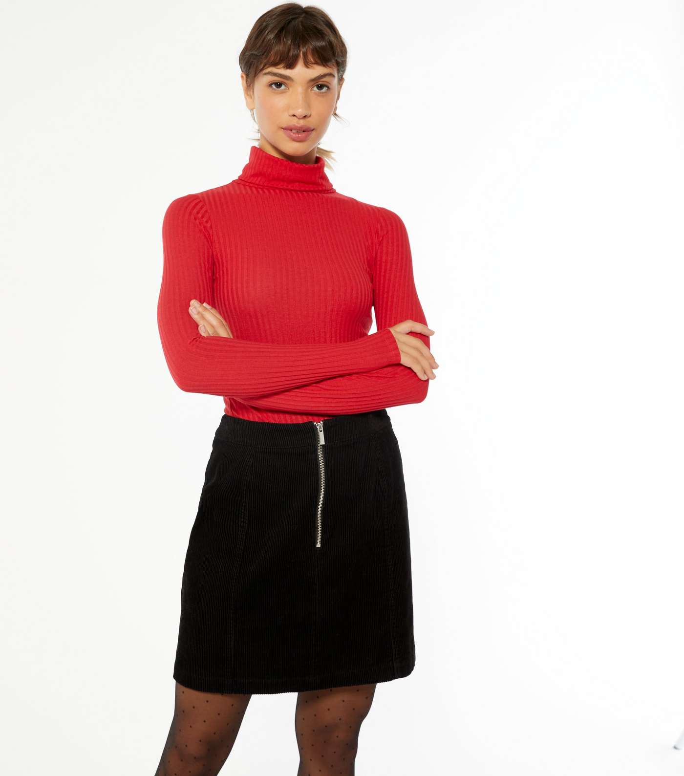 Red Ribbed Roll Neck Top