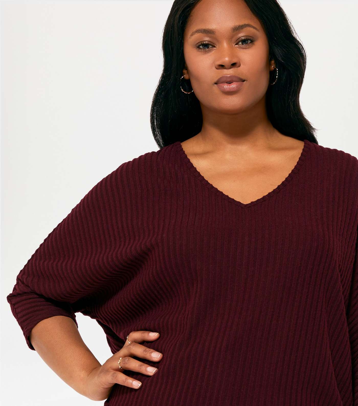 Curves Burgundy Fine Knit Batwing Top Image 3