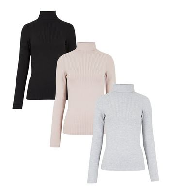 Image of Pack Brown Pink and Grey Rib Roll Neck Tops New Look