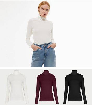 3 Pack Multicoloured Rib Roll Neck Tops 