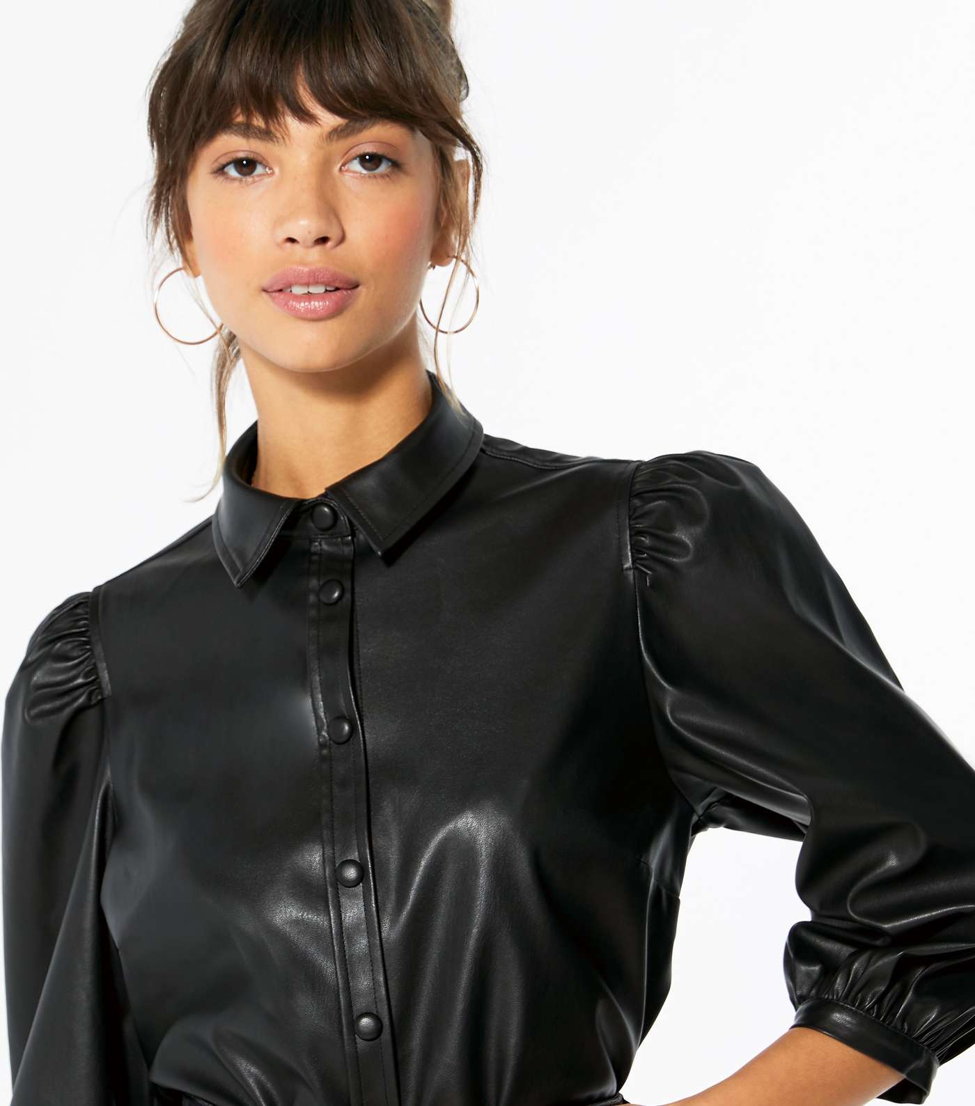 Black Leather-Look Puff Sleeve Shirt  Image 4