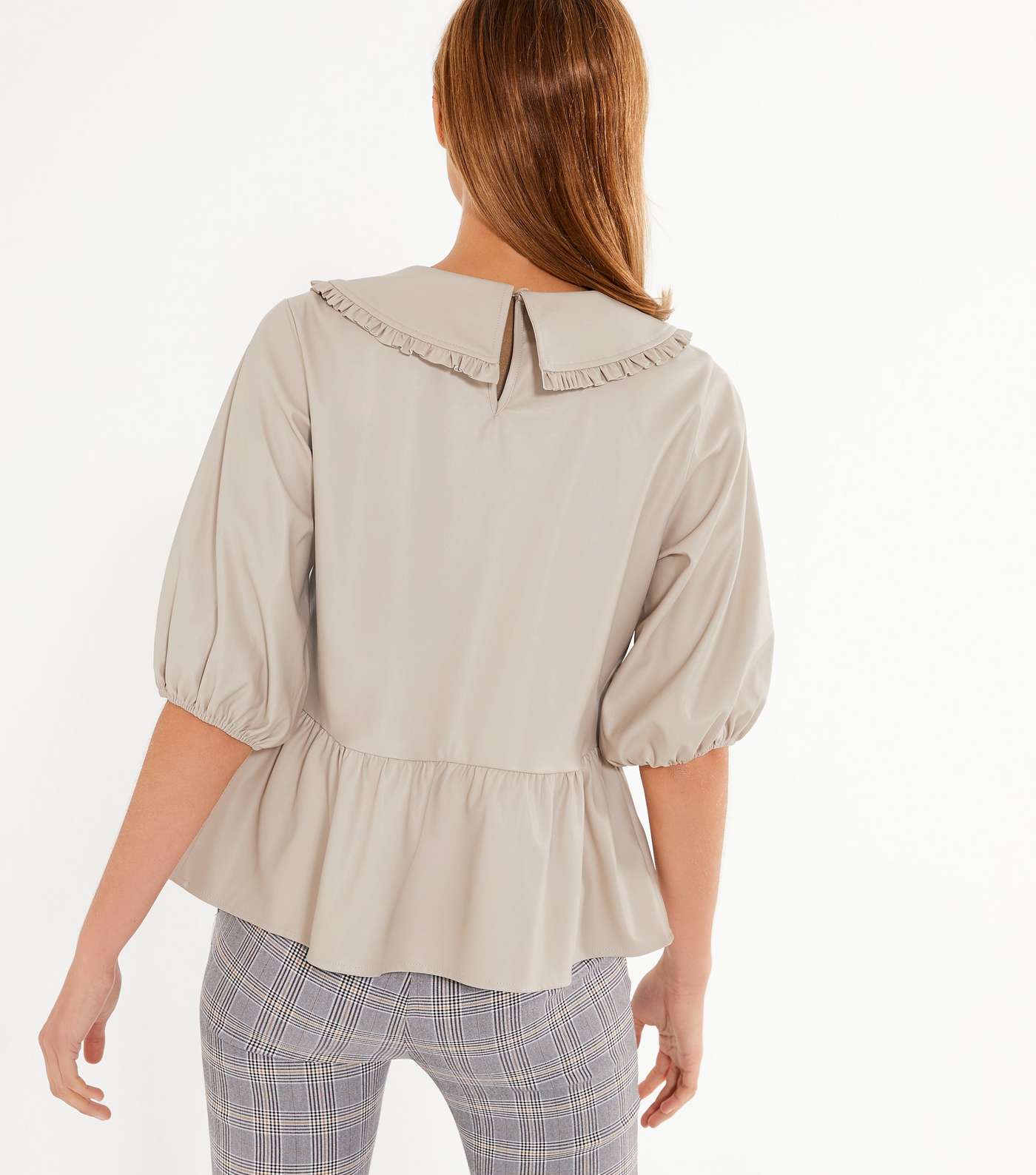 Pale Pink Leather-Look Collared Peplum Top  Image 3