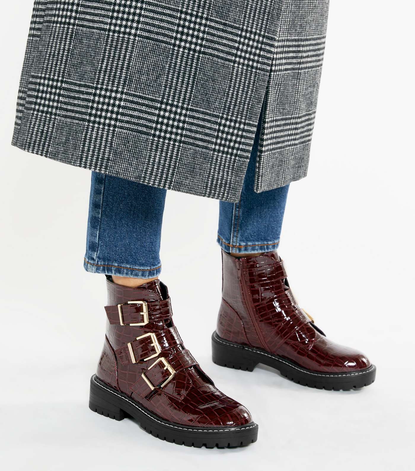 Dark Red Patent Faux Croc Chunky Buckle Boots
