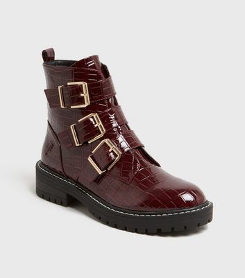 dark red patent faux croc chunky buckle boots