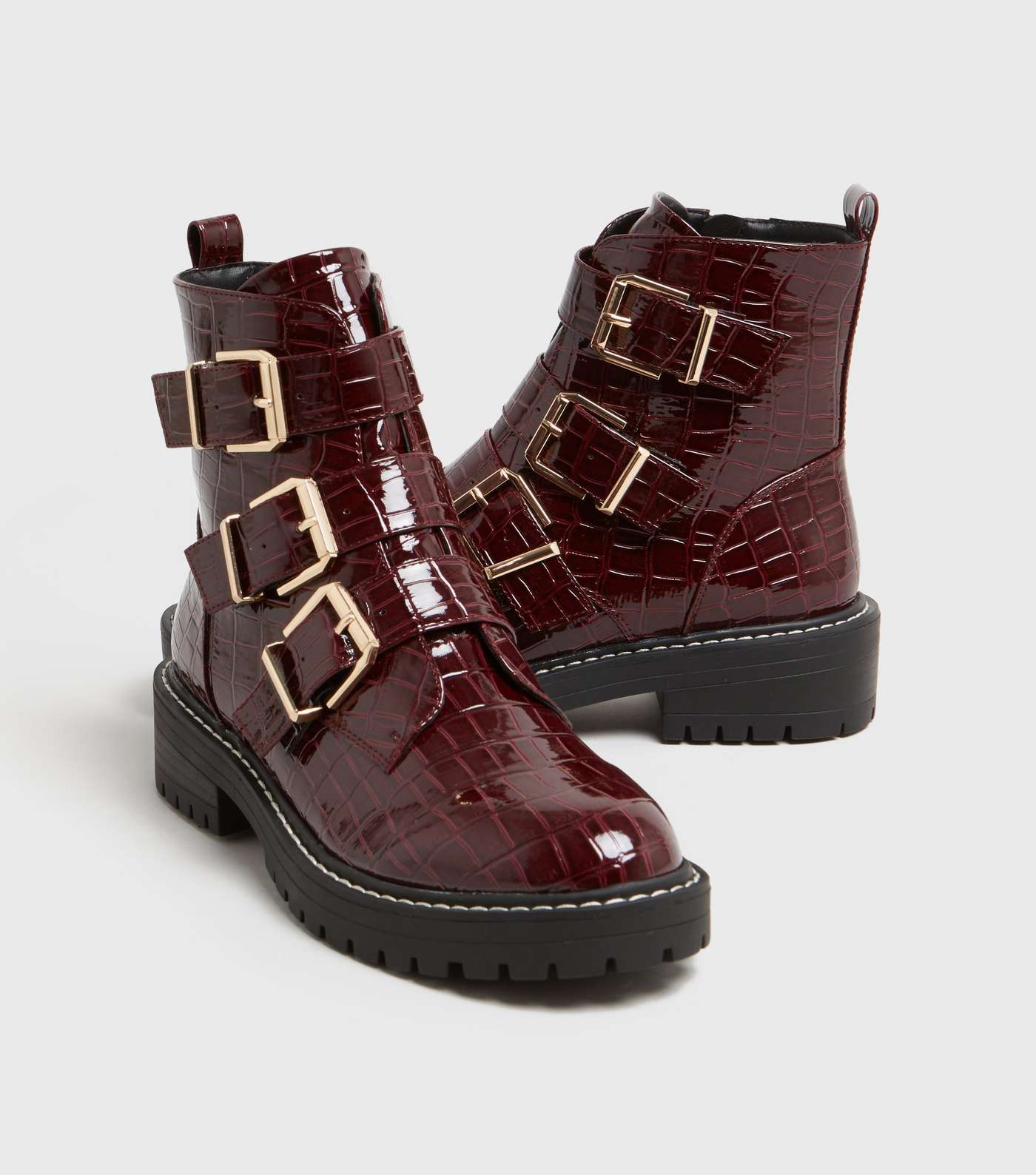 Dark Red Patent Faux Croc Chunky Buckle Boots Image 3