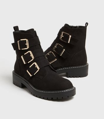 black triple buckle biker boots