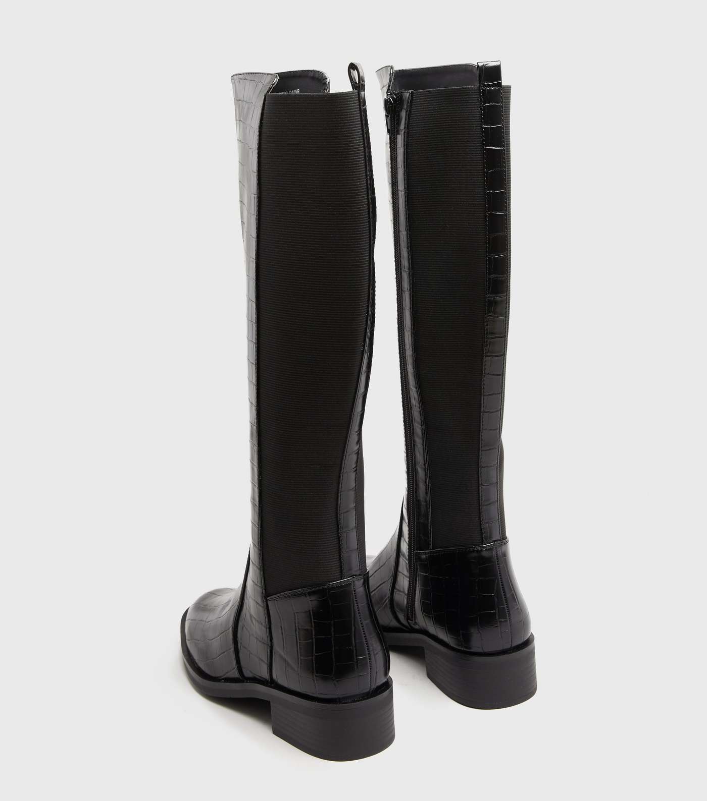 Black Faux Croc Elasticated Knee High Boots Image 2